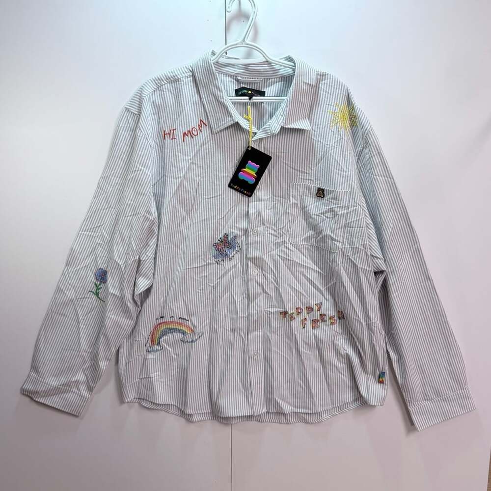 Teddy Fresh Embroidered Striped Long Sleeve Button-Down Shirt